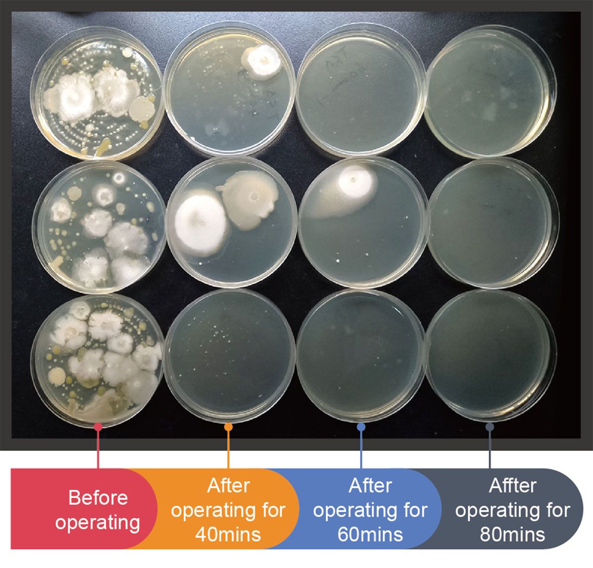 Résultat du test de fonctionnement de l'éclairage LED germicide UVC.